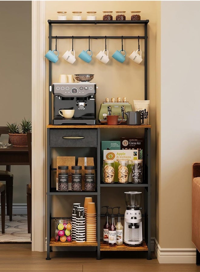 Forthcan 5-Tier Coffee Bar Station, Coffee Maker Stand with Drawer, Hooks & Wire Basket, Rustic Bakers Rack for Kitchen, Living Room or Café - Image 1